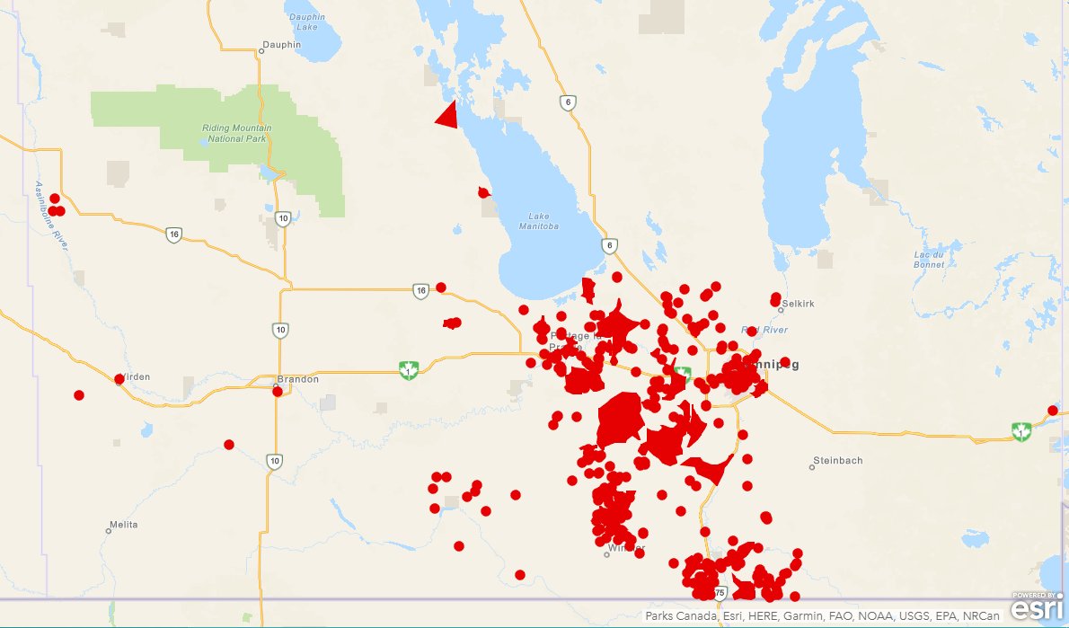 manitobahydro's tweet photo. As of 10 AM we've restored over 2,000 customers. About 8,000 still remain without power. Thanks for your patience and understanding. If you see a downed line, call us — it's 1-888-MBHYDRO — and if your power is out, report here: https://t.co/gbeF0o7jtA #mboutage #mbstorm https://t.co/XGOaxFO3zu