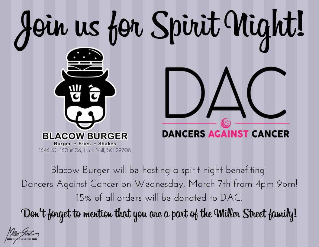 Millerstdance's tweet photo. Mark your calendars! This Wednesday night at Blacow Burger in Fort Mill, mention you are with MSDA and 15% of your order will be donated to Dancers Against Cancer! https://t.co/wXyMAJ5M2Z
