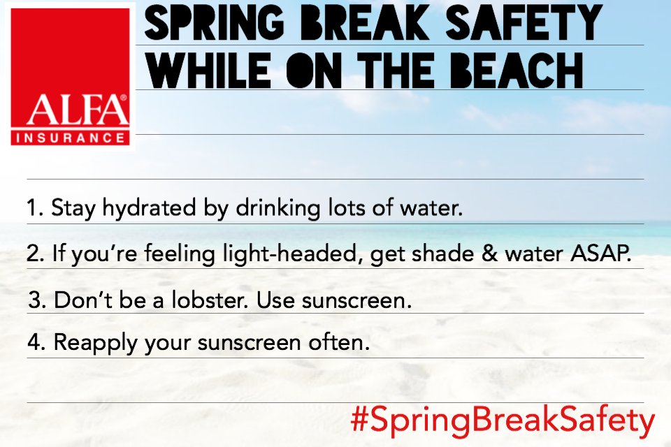 Alfa_Insurance's tweet image. Going to the beach for Spring Break?  Here are a few tips to make sure you have a fun and safe trip. #SpringBreakSafety #AlfaCares #SpringBreak #Beach