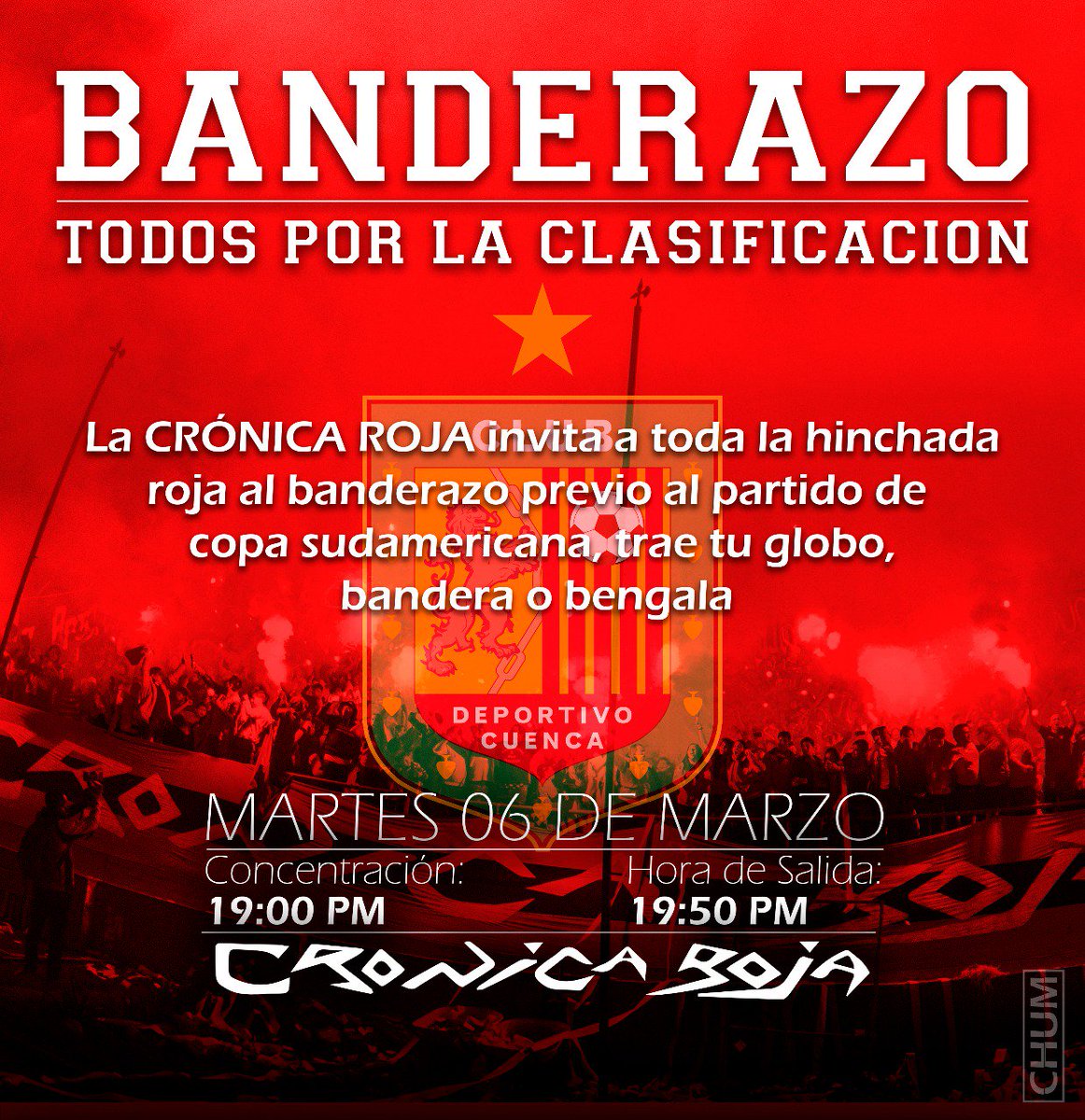 segarra_juan's tweet photo. Por está clasificación nos la jugamos TODOS, la Barra Crónica Roja, invita a toda la hinchada al BANDERAZO previo al partido de sudamericana, concentración martes 19h00 en el reloj del estadio, salida 19h50 al hotel valgus, donde estaran concentrados nuestros jugadores. https://t.co/ffvYke7EvV