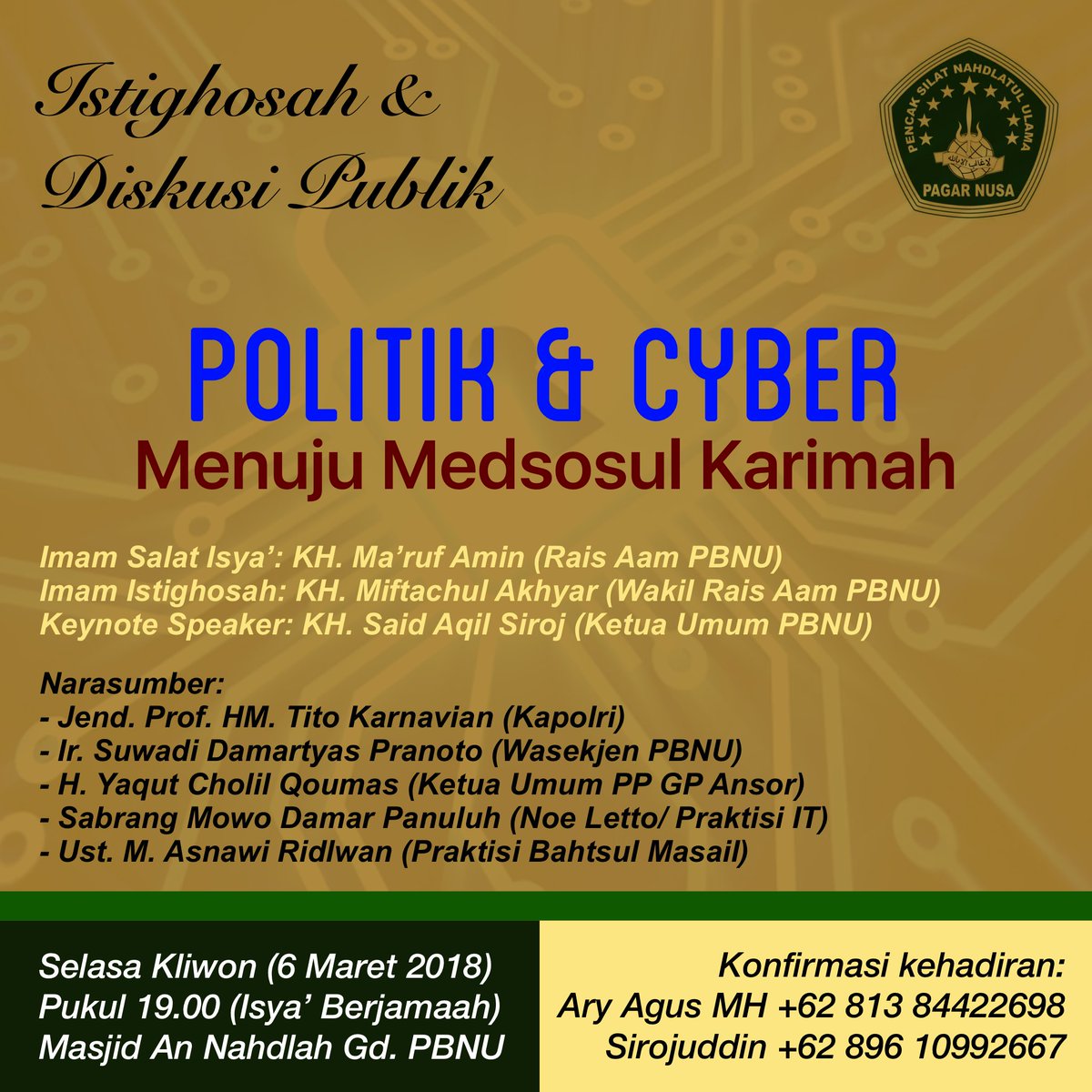 Berkhidmat kepada Ulama dan Berdoa untuk Bangsa
Istighosah Rutinan Selasa Kliwon dan Diskusi Publik <a href="/PagarNusa_NU/">PP Pagar Nusa</a> di Masjid An Nahdlah PBNU, Pukul 19.00-selesai.

Tema Diskusi Publik: Politik &amp; Cyber, Menuju #MedsosulKarimah

<a href="/saidaqil/">Said Aqil Siroj</a> @GPAnsor_Satu <a href="/noegeese/">#西安洗浴 #西安桑拿 #西安上门 #西安海选 #西安会所 #西安高端 #西安资源 #西安水磨</a> #pagarnusa