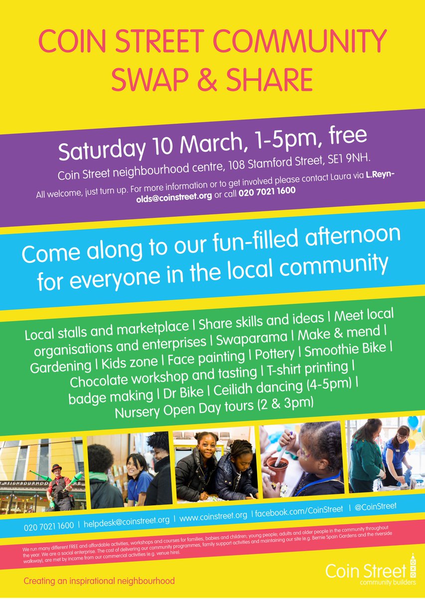 CoinStreet's tweet photo. Join us for our next Community Day this Saturday, 1-5pm at the neighbourhood centre #Swaparama #KidsZone #LocalOrgs #DrBike #ChocolateWorkshop #BlueMoonCraftMarket #Ceilidh #NurseryTours #Pottery #TshirtPrinting #FacePainting #Gardening https://t.co/t0G2BaHMLC  #SE1 #Southbank https://t.co/r68wgbKWaT