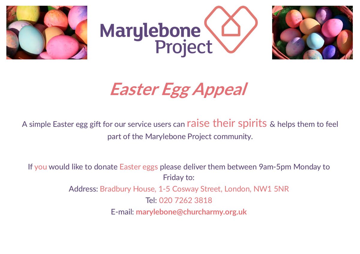 MarylebonePrjct's tweet image. It's that time of year again! If you fancy donating Easter Eggs for our resdients we would be so grateful! 🐣🥚#HeartandHome #EasterAppeal #Easter #Donate #Homelessness #EmpowerWomen