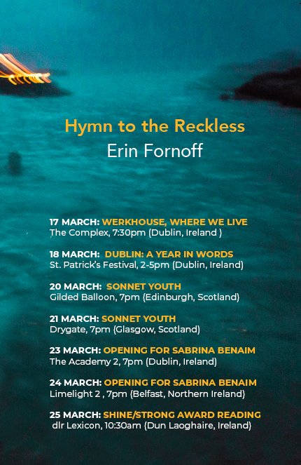 LIL TOUR ON ITS WAY! Headed around to <a href="/stpatricksfest/">St. Patrick's Festival 🇮🇪🐍☘️💚</a> and @thisispopbaby, <a href="/SonnetYouth/">Sonnet Youth</a> in Glasgow and Edinburgh, <a href="/mountainstosea/">Mountains to Sea dlr Book Festival</a> Shine/Strong reading, and opening for <a href="/badass_sab/">sabrina benaim</a> in Dublin and Belfast. Come say hi!! #spokenword #poetry #datesonapostermakesatour