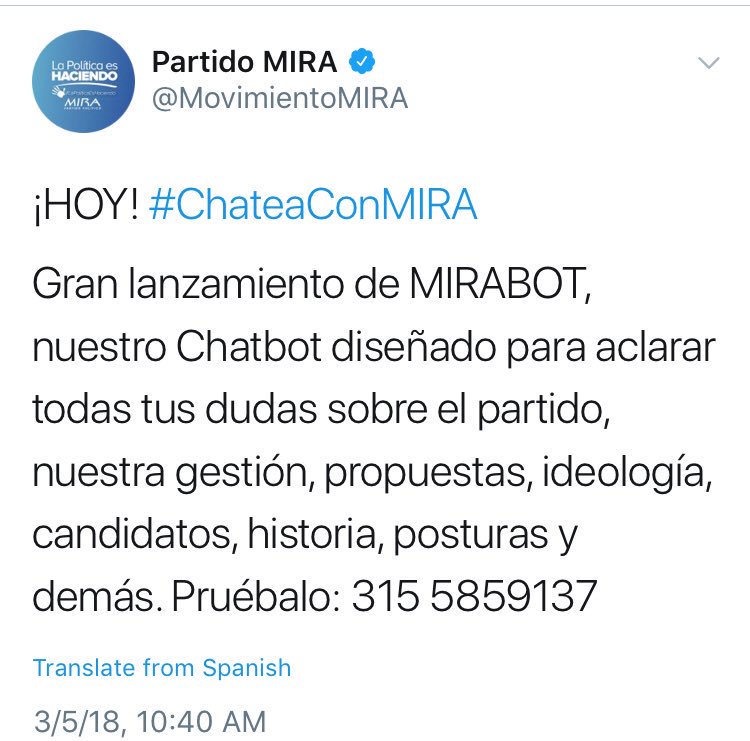 cepsarauca1's tweet photo. #ChateaConMira hoy gran lanzamiento del #MIRABOT una herramienta mas para conversar con todos los #Colombianos. Pruébalo: 3155859137 https://t.co/LXsHRBd3tv