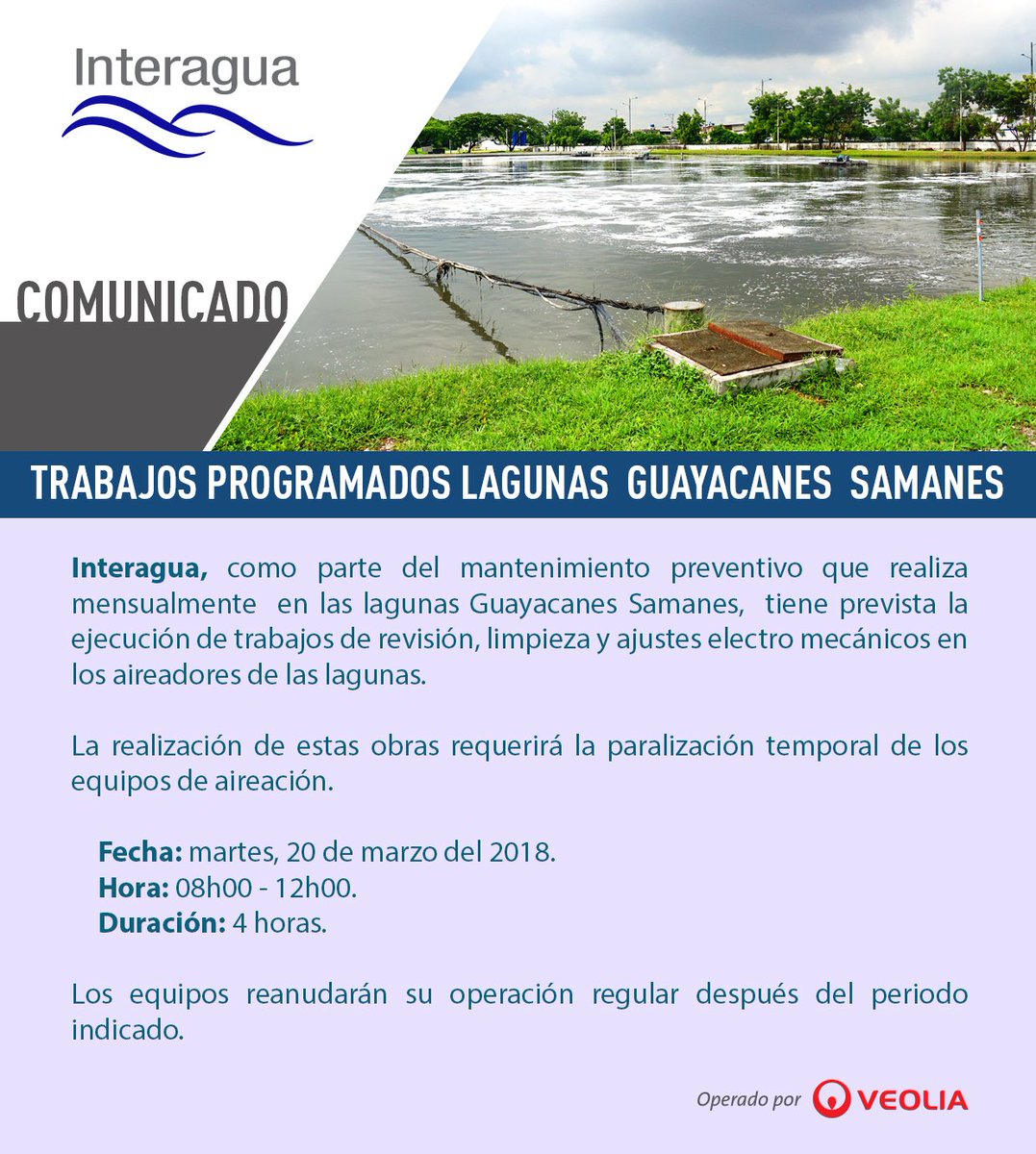 interagua's tweet photo. #TrabajoLagunas || 📆 20/Marzo
⏰8AM a 12PM

⚠️Estos trabajos no afectan el servicio de agua potable

💻 Calendario Completo: https://t.co/FSl3CUqiir https://t.co/7tC0Y0Wm0a