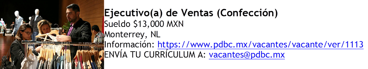 pdbcmx's tweet photo. Ejecutivo(a) de Ventas (Confección)
Sueldo $13,000 MXN
Monterrey, NL
Información: https://t.co/vS90qNq1iO
ENVÍA TU CURRÍCULUM A: vacantes@pdbc.mx https://t.co/0CqqY1SUgD