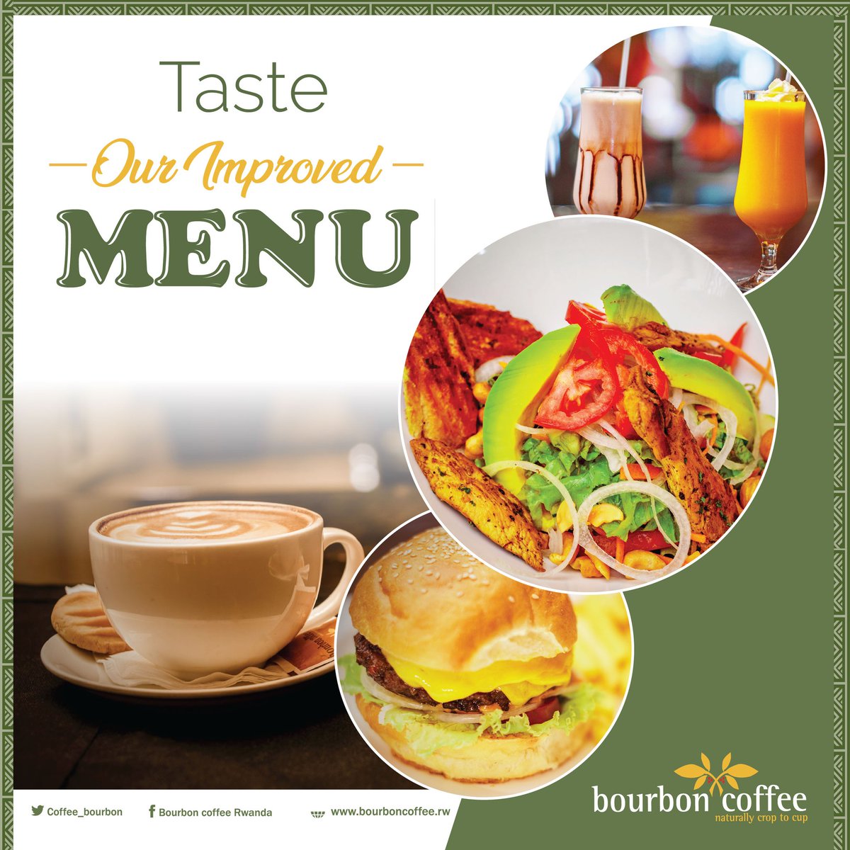 We’re excited to announce our improved menu!

Visit your nearest Bourbon Outlet &amp; experience tastier dishes &amp; drinks with surprising new additions and price adjustments.

#BourbonExperience #NewMenu #Coffee #MadeinRwanda #Kigali #RwOT
<a href="/tasteofkigali/">TasteofKigali</a> <a href="/vibekigali/">Vibe Kigali</a> <a href="/kigalife/">kigalife.com 🇷🇼</a>