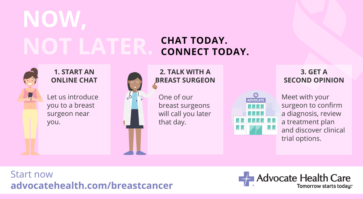 advocatehealth's tweet photo. Now, Not Later. If you've been diagnosed with breast cancer, a second opinion is important to confirm a diagnosis, review treatment options and more. We've now made it easier to connect you with our breast surgeons and get a second opinion. Learn more: https://t.co/ON61d9N3Ux https://t.co/GBe7KyalCg