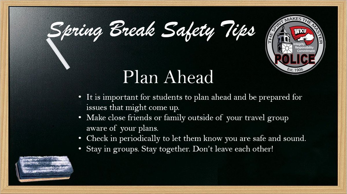 wkupd's tweet photo. The countdown is on here at WKU for Spring Break 2018! 

As you all prepare to hit the road or take to the friendly skies for some much needed R&amp;R, WKUPD will be providing you with some daily safety tips to help make sure your break is both safe and enjoyable! https://t.co/toyCJKaSgz
