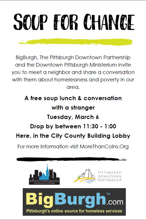 Join <a href="/PghPublicSafety/">Pittsburgh Public Safety</a> Bigburgh, <a href="/DowntownPitt/">Downtown Pittsburgh</a>, &amp; Downtown Ministerium for free lunch and conversation in the City-County building lobby.