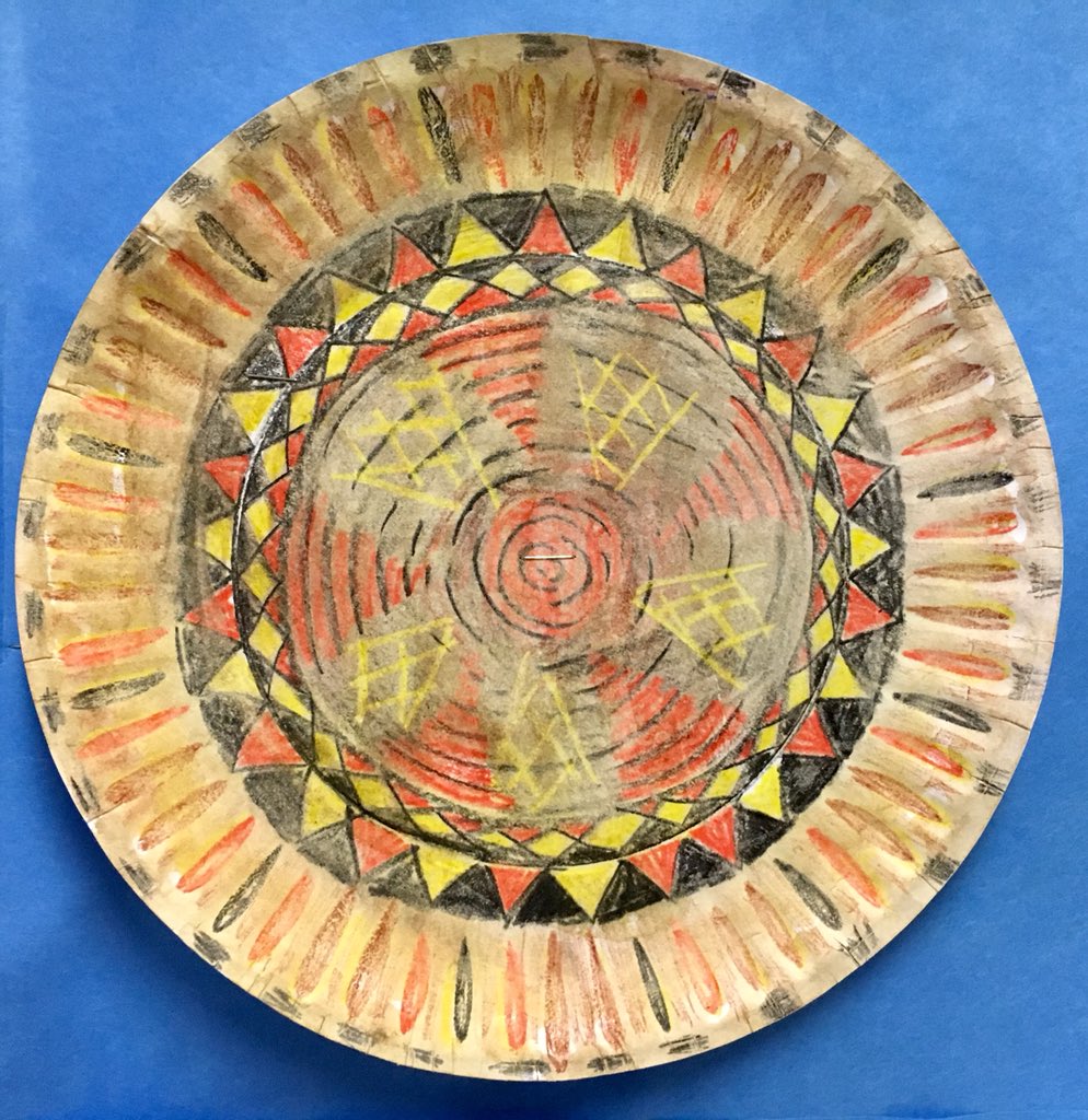 ErinLachut's tweet photo. Influenced by his African heritage, local ceramic artist, David MacDonald, recreates traditional African patterned designs on his stoneware pieces.  Young artists @CHE give it a try, using paper plates, wax crayon &amp; watercolor as media! #multiculturalART #aroundtheworld@CHE2018 https://t.co/g7cFSLZwCc