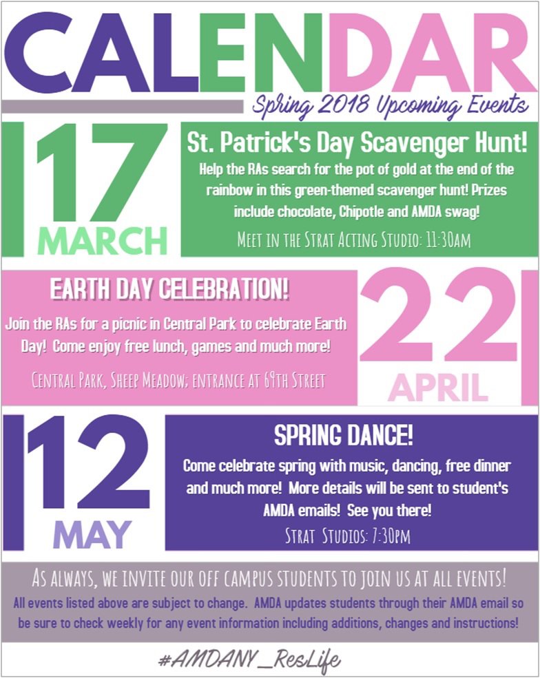 AMDA College on Twitter "AMDA NY Res Life Hosted Activities Schedule