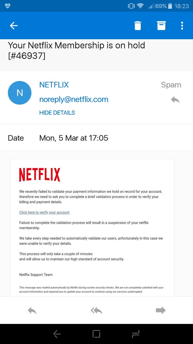 Shountje's tweet photo. @NetflixNL Hoi, ik heb deze mail gehad en twijfel of die echt van jullie komt. Meestal zijn de mails in het Nederlands en met een ander mail adres. Kunnen jullie hier meer over vertellen? https://t.co/YspzjqoOHU