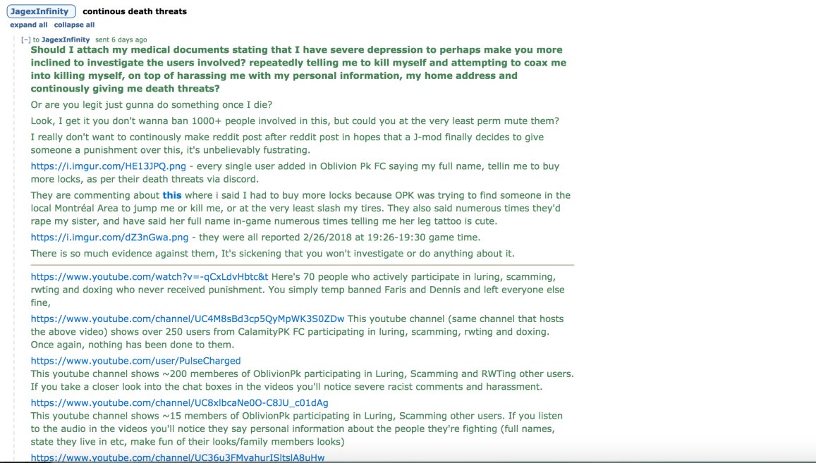 rsnpK's conversations with @JagexInfinity regarding opk/cpk death threats and luring. I had a good laugh bois take a look at this gem