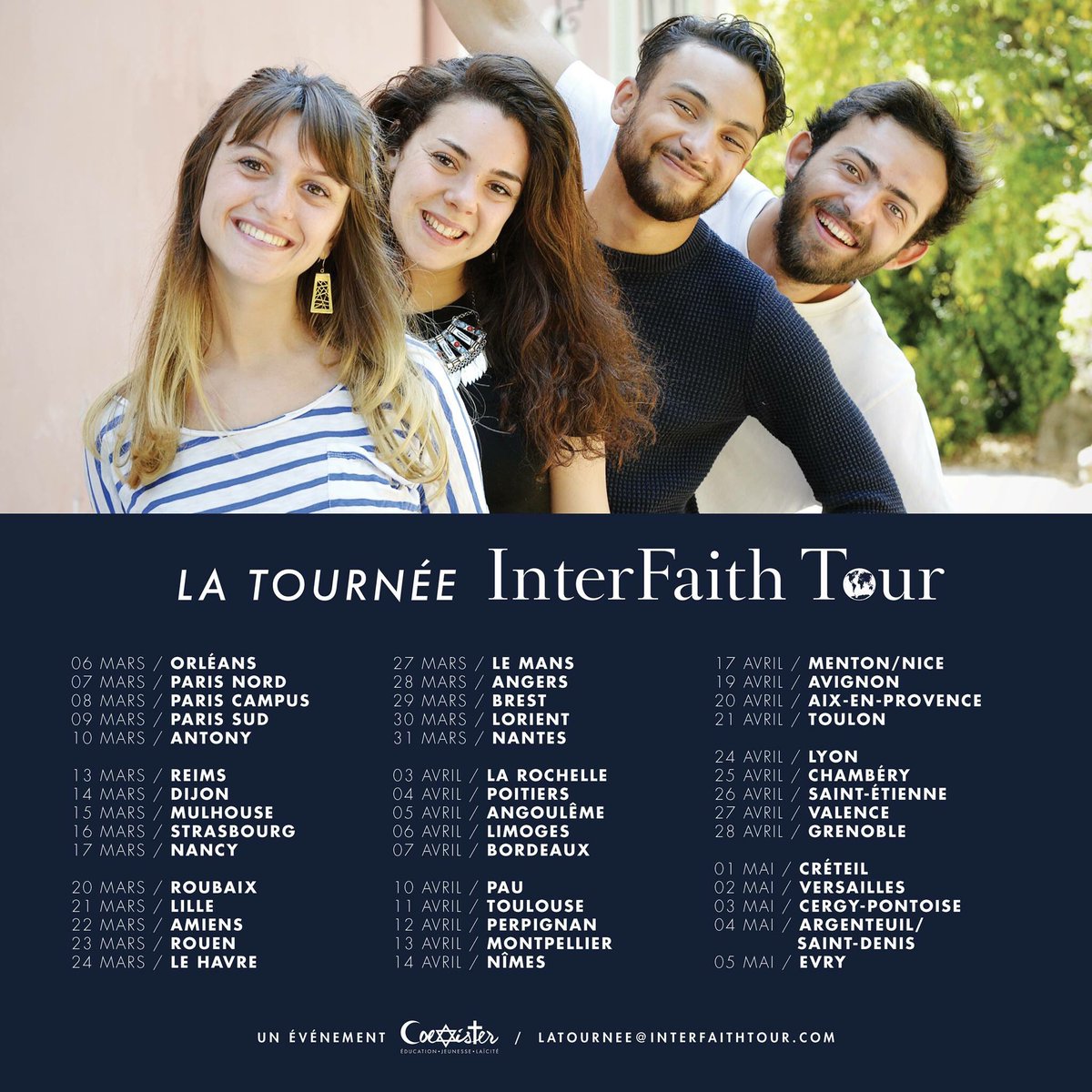 Heyyy !!! 😀☀️😜

Du 6 mars au 6 mai on va parcourir toute la France 🇫🇷 dans un Van 🚌 <a href="/AssoCoexister/">Coexister</a> pour vous partager tout ce qu’on a vécu pendant 1 an autour du monde avec + de 400 initiatives interreligieuses ! 

+ de 50 villes au programmes conference.interfaithtour.fr