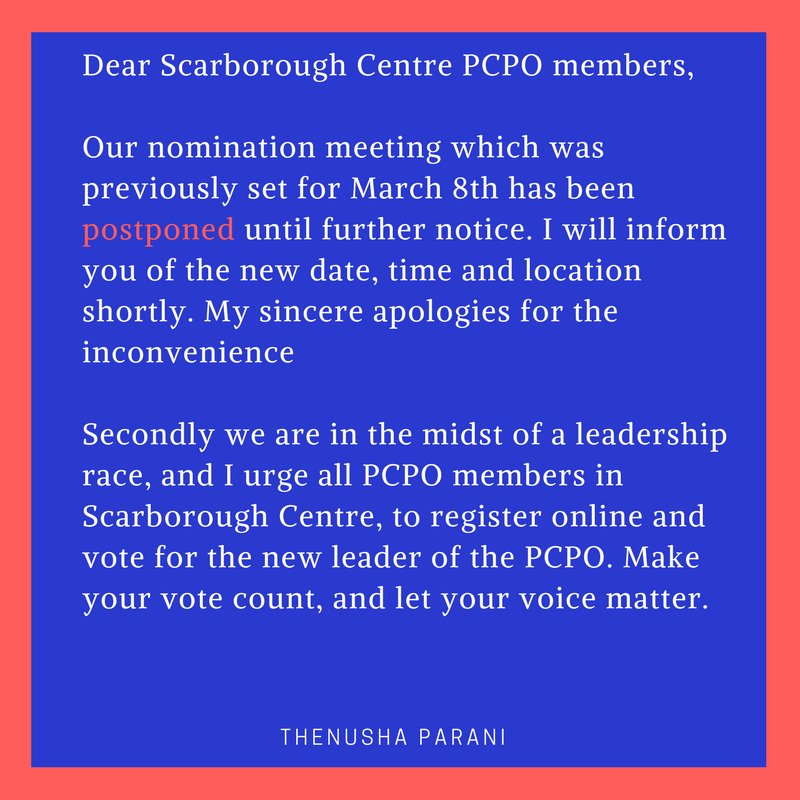 ThenushaParani's tweet image. Dear #ScarboroughCentre PCPO members,

Our nomination date which was set for March 8th has been postponed until further notice. My sincere apologies for the inconvenience. 

Thank you,