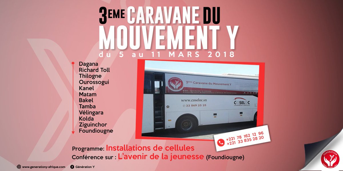 GYafrique's tweet photo. La @GYafrique informe tous ses membres de la 3ème #Caravane du Mouvement Y prévue  du 5 au 10 Mars 2018.
Pour plus infos: +221 77 686 33 60. #kebetu #Senegal https://t.co/El2vW5OYWg https://t.co/uchgjZEmGq