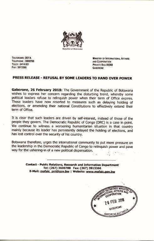 The ever-vocal Botswana Government has chastised President Joseph Kabila of DRC Congo for his continual postponement of elections to have him replaced—a…