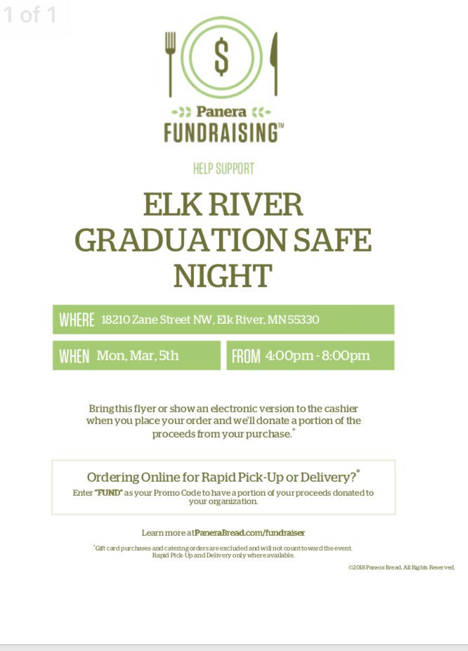 ERGradNight's tweet image. Dinner tonight?? @ERGradNight and Panera Bread have you covered! If you are braving the weather tonight or just are not wanting to cook dinner please stop by Panera Bread in Elk River 18210 Zane Street NW from 4-8 in support of our 2018 Class