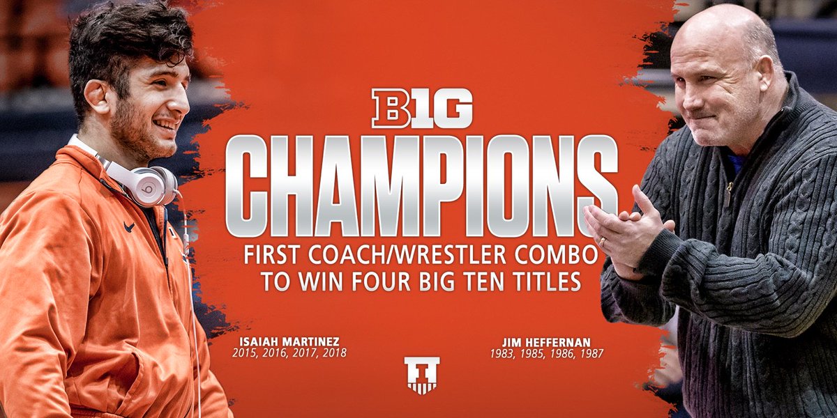 IlliniWrestling's tweet photo. No coach/wrestler combo has more Big Ten wrestling titles than these two! #Illini 

@HeffJim   1983, 1985-87
@Imar165   2015-18

🏆🏆🏆🏆🏆🏆🏆🏆 https://t.co/bVT7Cv6ETi