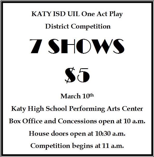 KatyTheatre's tweet photo. UIL One Act Play District competition is this Saturday!  We are so happy to host in the KHS PAC!  Please come out and support these fabulous KISD theatre programs!! https://t.co/qgJb7vjnlh