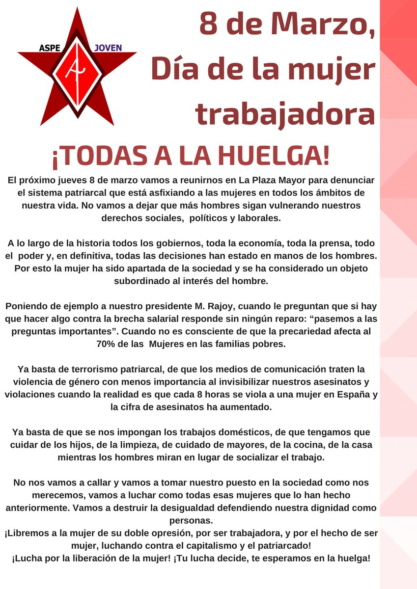 ¡Participa en la huelga Feminista del día 8 de Marzo, por la mujer  Trabajadora! Os esperamos el día 8 en la plaza del Ayuntamiento!♀️
