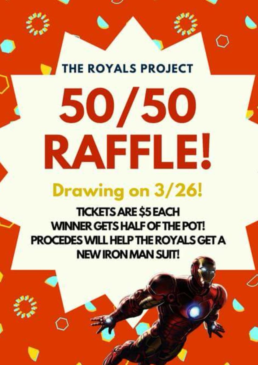 RoyalsProject's tweet image. Hey everyone, we are selling 50/50 raffle tickets as a fundraiser to get a new iron man suit! Last time the winner of our 50/50 got almost $1k. So if you want a chance to win the prize money message us to buy some tickets! They are $5 per ticket and the drawing is on 3/26/18!