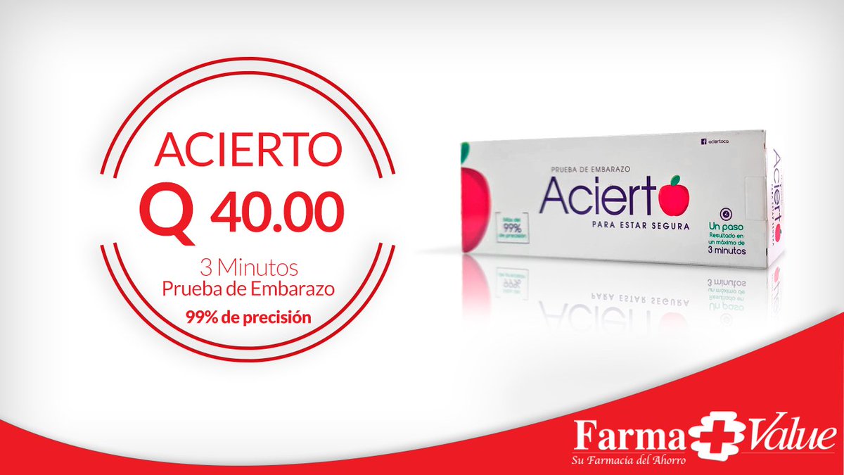 #Valuetip Acierto, prueba de Embarazo a tan sólo Q 40.00
Acierto es la prueba de embarazo líder en el mercado Centroamericano, tiene más de 99% de precisión según pruebas de laboratorio y de uso. Su formato de barra intraflujo, permite una realización rápida