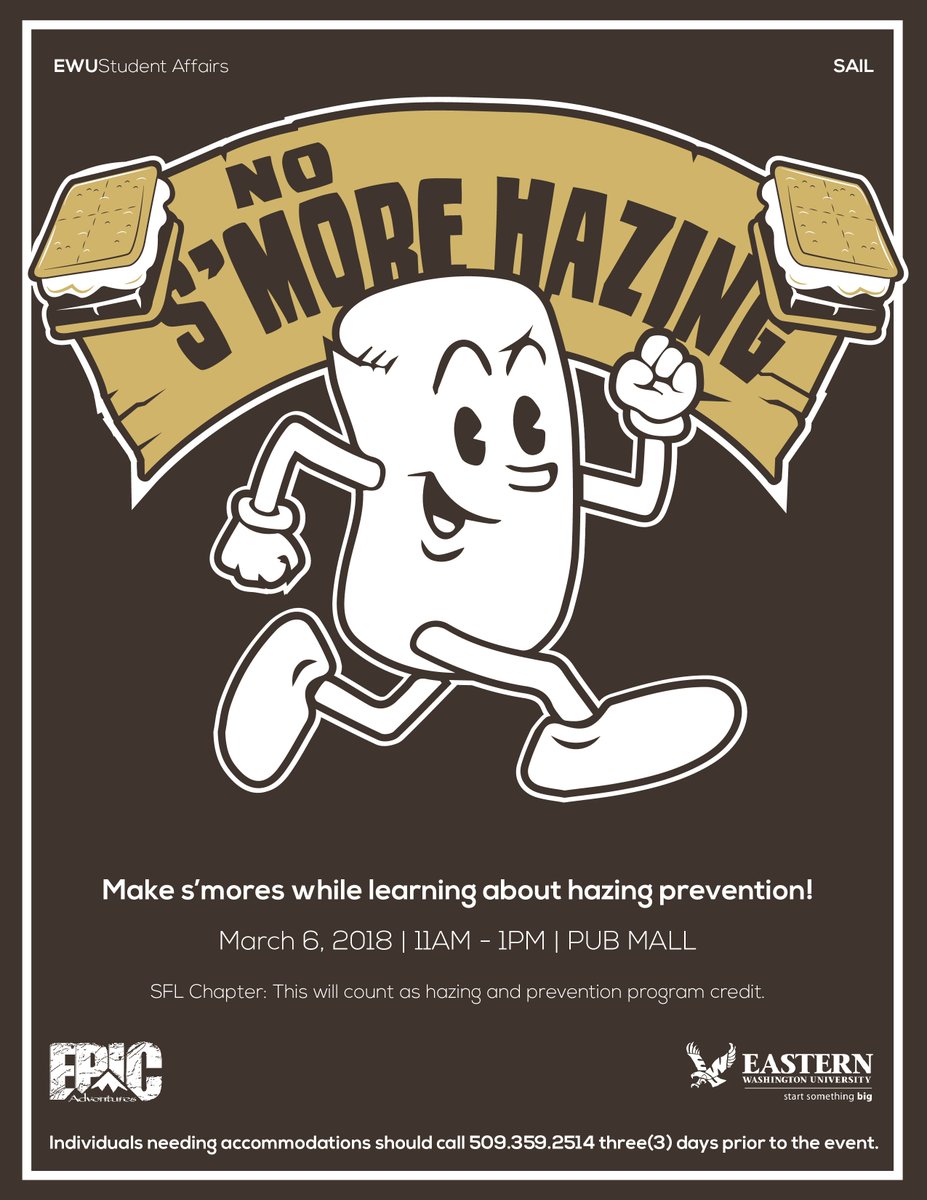 Hey Greeks! Our No S'more Hazing program is tomorrow March 6, 2018. Remember to have some members show up at 11am-1pm in order to earn credit. Come and learn on how to prevent hazing and much more! See you all there!