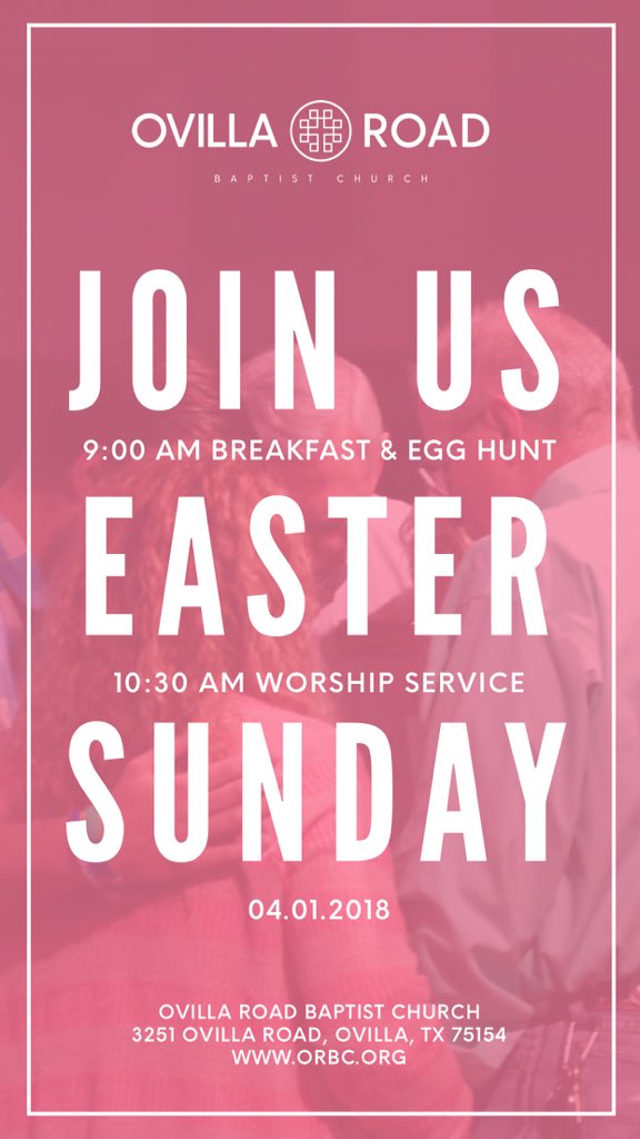OvillaRoad's tweet photo. Are you wanting to invite someone to our Easter service?? Save one of these Easter Sunday inviter images, message a friend, and invite them to come and be your guest on Easter Sunday! #ORBCEaster2018 https://t.co/a9gHU4uUkT