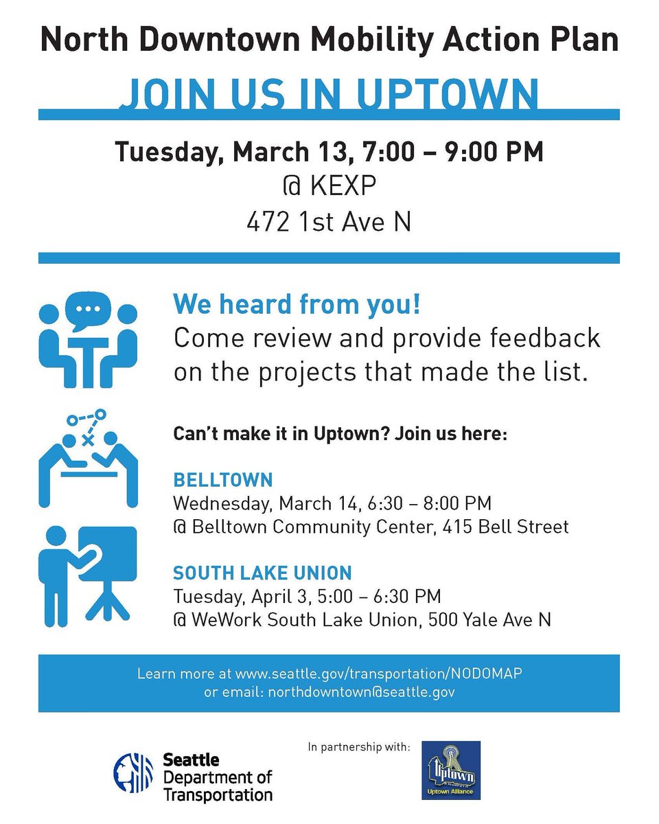 seattleua's tweet photo. Please join us at @kexp TUE 13MAR, 7-9PM for North Downtown Mobility Action Plan updates and presentations from @seattledot @NelsonNygaard @SeattleMonorail #NoDoMAP https://t.co/diS4awDUud