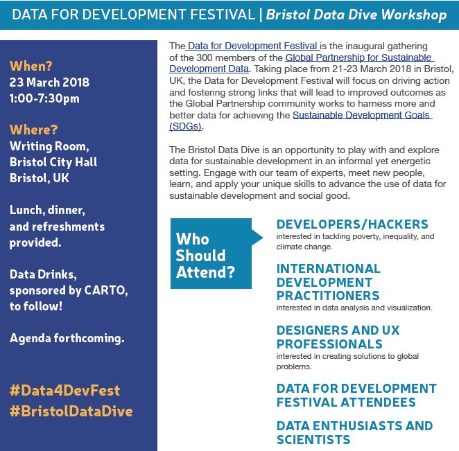 Data4SDGs's tweet image. Are you coming to #Data4DevFest? Love #dataviz? Join the #BristolDataDive - we'll be focusing on cities, transportation, & the #SDGs as we play with data, share knowledge, & build solutions for a better future: data4sdgs.org/news/bristol-d…