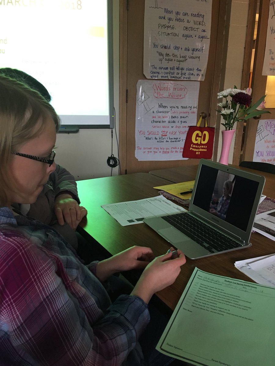 KMHundt's tweet photo. Student- led conferences kicked off tonight. Seeing parents beaming as their child eloquently and professionally showcases their learning and growth makes my heart burst! #feedbackonly #tg2chat @Seesaw @kttasch @HoltPublicSch #6thchat #conferences https://t.co/Xrh6V4STA4