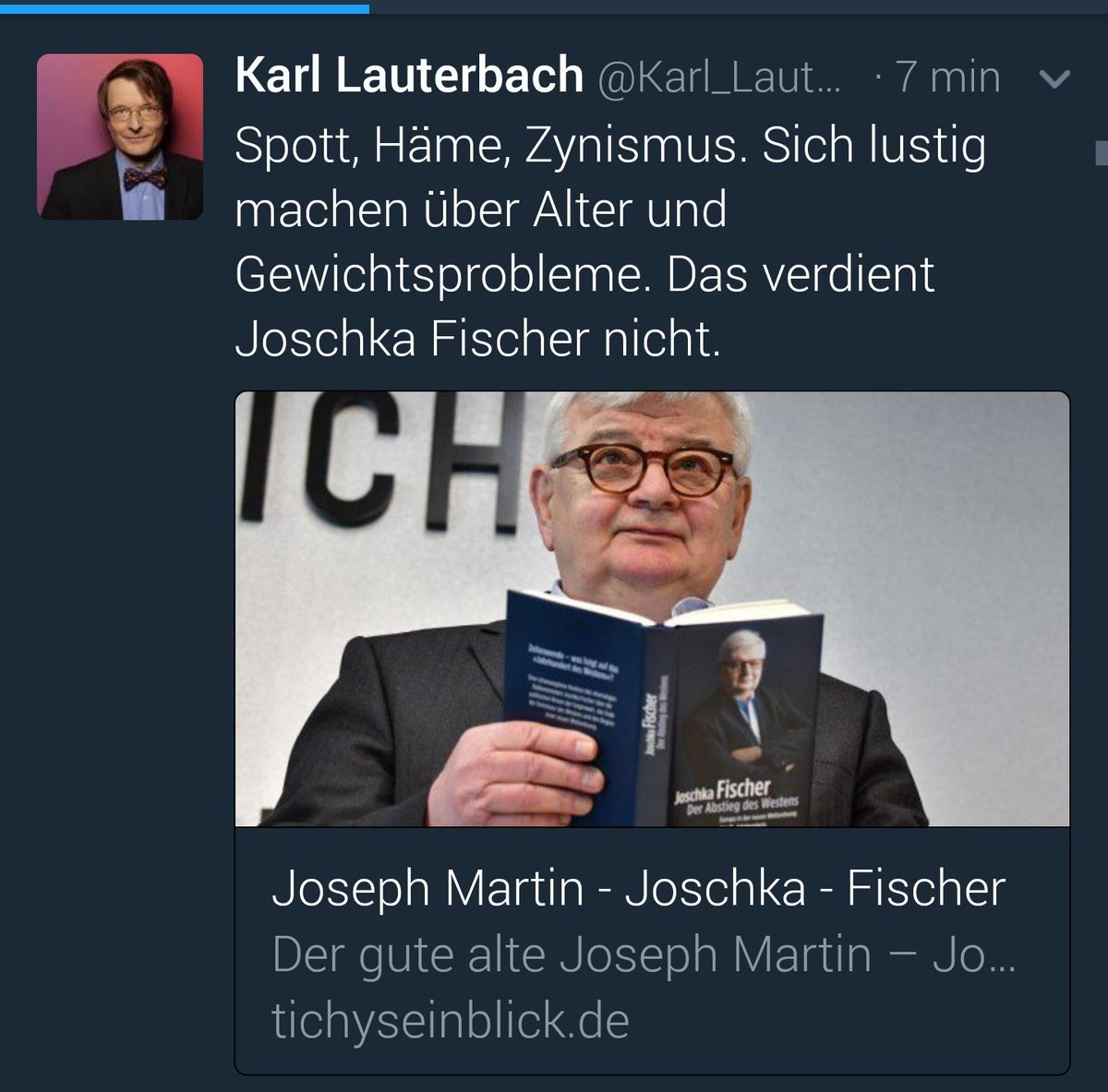 Karl Lauterbach No Twitter Spott Hame Zynismus Sich Lustig Machen Uber Alter Und Gewichtsprobleme Das Verdient Joschka Fischer Nicht Https T Co Fwvredcnye