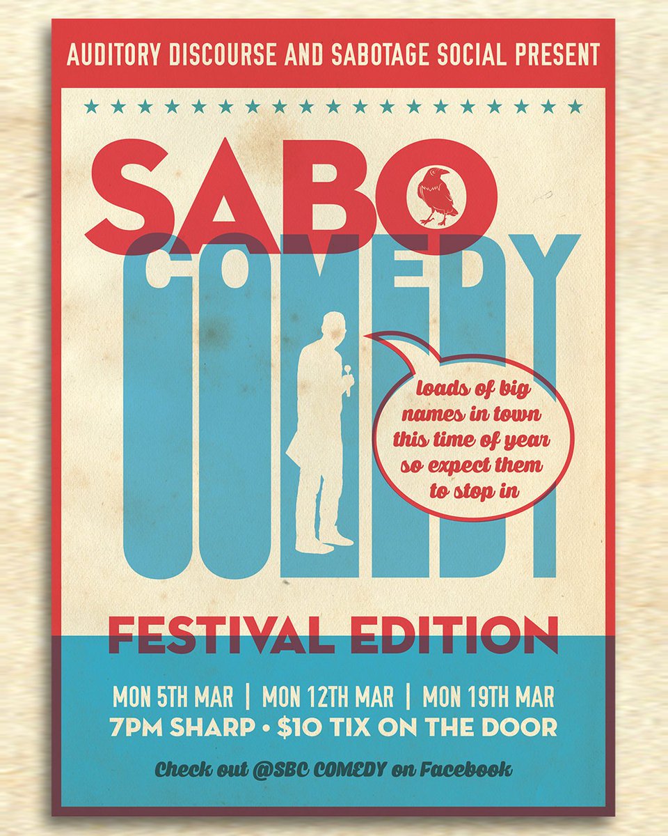 HairbrainC's tweet photo. Hey, Sabotage Social are back with this comedy extravaganza! Sick poster too. Need a poster? I'll make you a poster.

#poster #gigposters #graphicdesignbrisbane https://t.co/HEfnBEHpKk