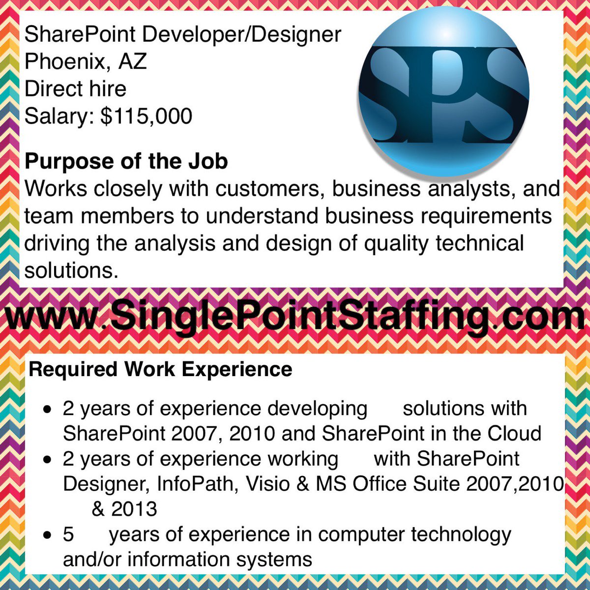 TheSinglePoint's tweet photo. #Tech #job in #Phoenix, #AZ: #Hiring a Sharepoint Developer/Designer. #Career opportunity requires #XML, #CSS, #HTML &amp; #OOTB experience. See full ad &amp; #Apply here:  https://t.co/UzlslfNXPk https://t.co/P8BED2b8j4