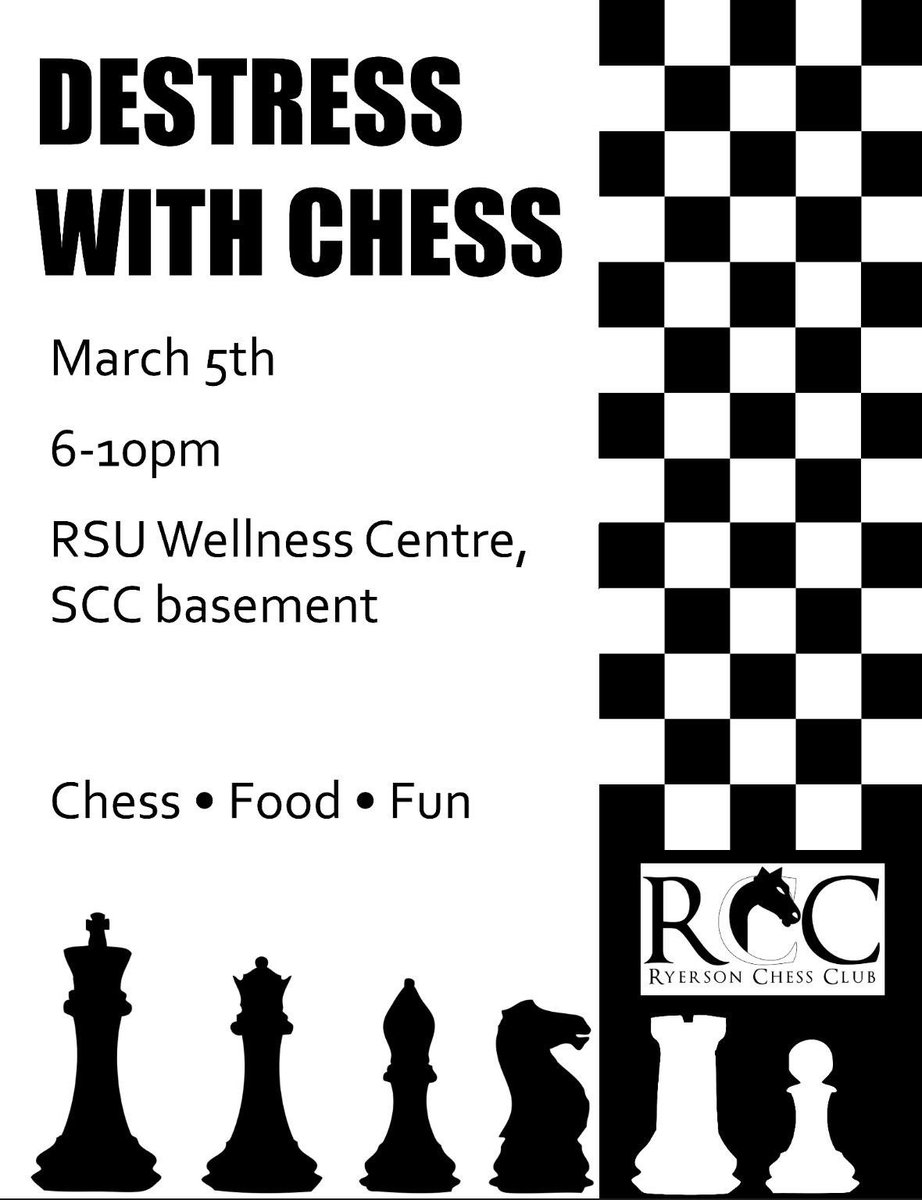 RUChessClub's tweet photo. We’re going to be in the @RyeSU @RyersonHealth Health + Wellness Centre starting at 6 PM. 

Hope to see you there so you can Destress with #Chess! https://t.co/1UPBTuCEYG