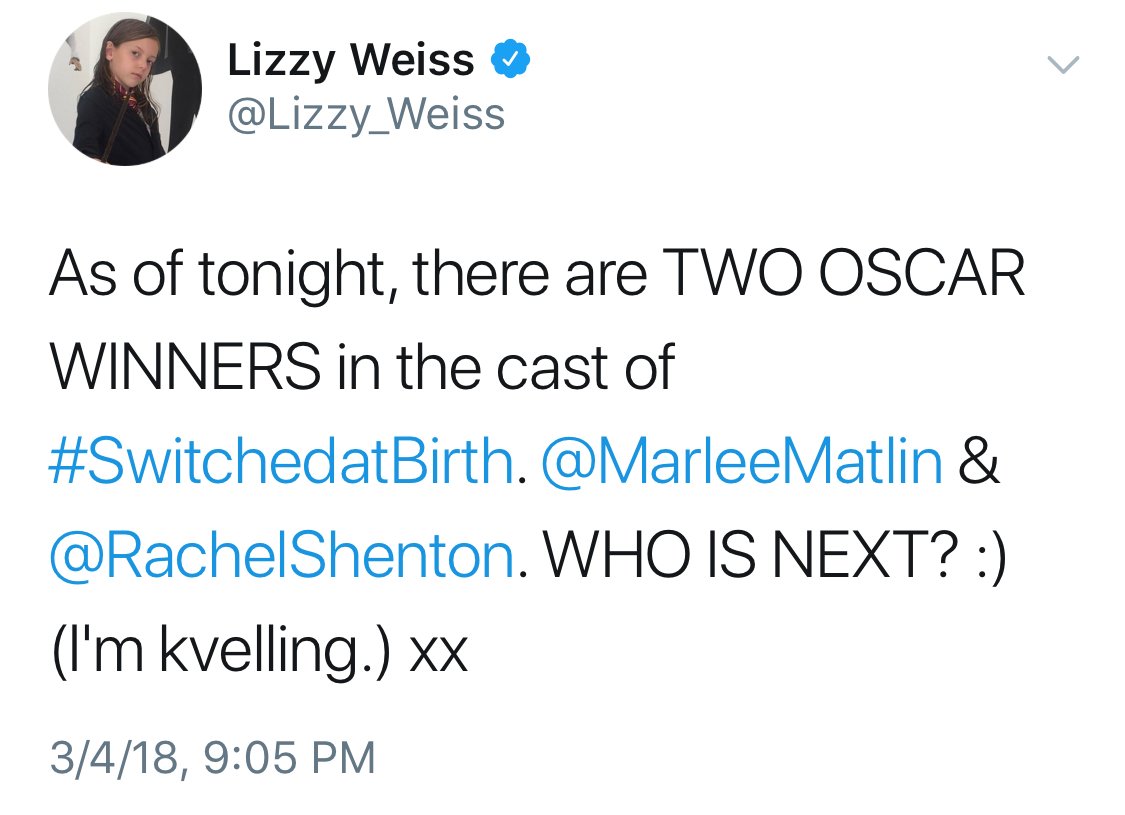 Congrats to <a href="/RachelShenton/">Rachel Shenton</a> (Lily on #SwitchedAtBirth) for winning an Oscar for Best Short Film for The Silent Child.