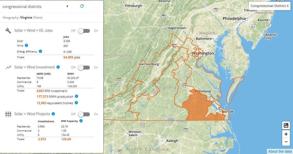 WRIEnergy's tweet photo. As of 2017, there were roughly 2.2 million jobs in the solar, wind and energy efficiency sectors in the U.S.. @kevalaanalytics' new #CleanEnergyProgress map tracks #cleanenergy's economic impact across the country, district by district: https://t.co/fPgokBjIwg https://t.co/NGUjCETKHG