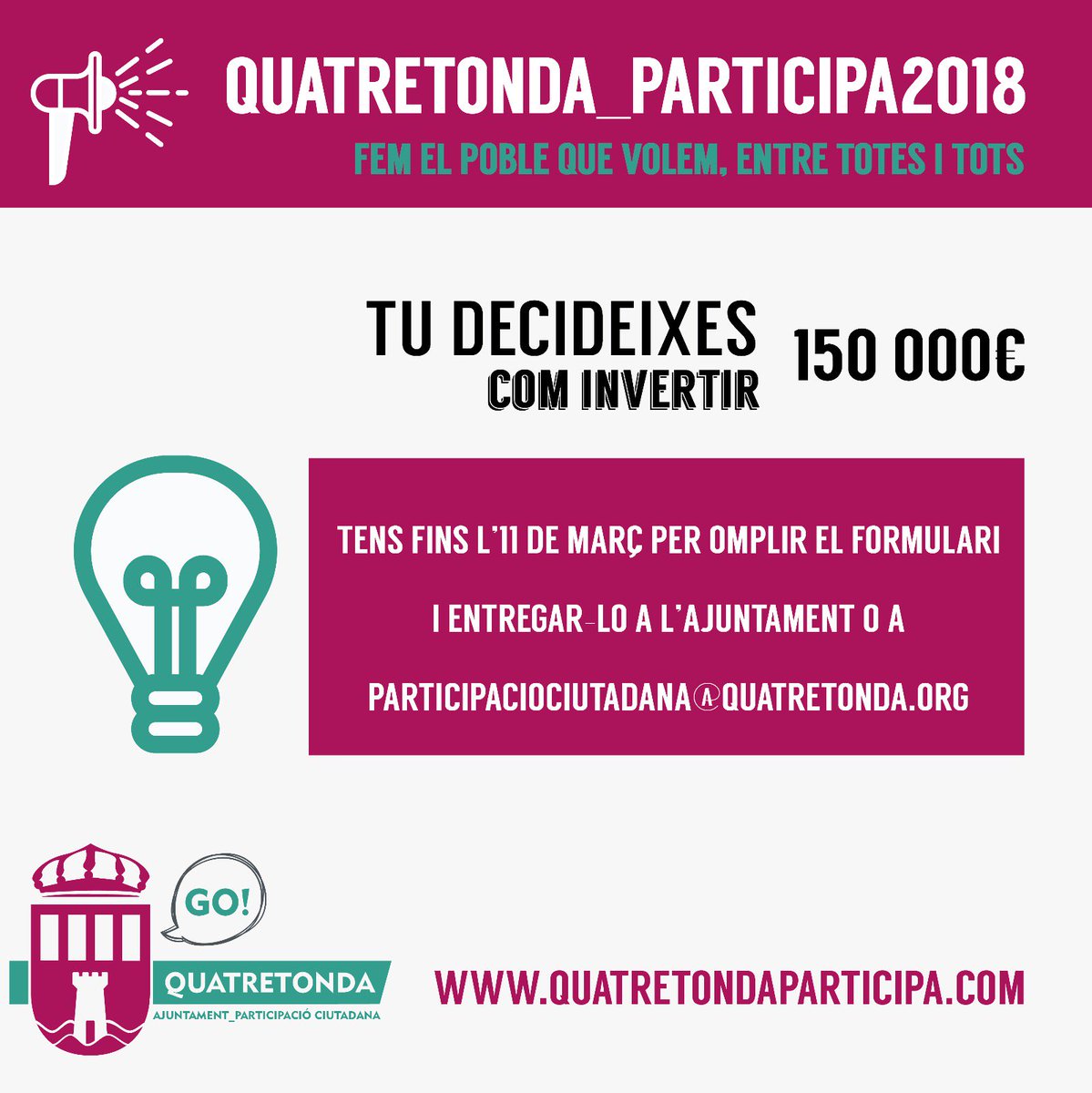 📣Sabeu que ara podeu proposar allò que voleu que es faça al nostre poble❓

📝 Aprofiteu aquesta setmana per proposar-nos totes les vostres 💡 idees.

Tu tens la 🔑 per decidir el futur de Quatretonda.

#QuatretondaParticipa