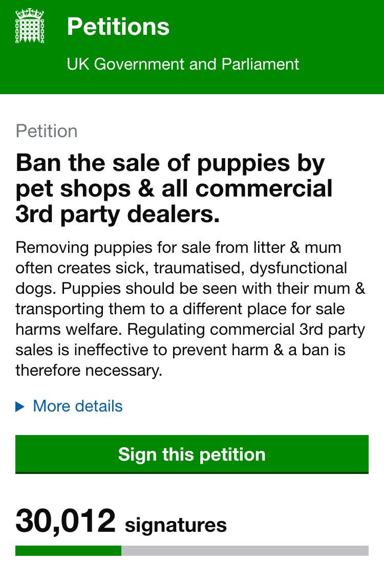 Over 30,000 signatures in first 4 days! Thanks for supporting pls keep sharing to help end puppy farming: petition.parliament.uk/petitions/2134… #LucysLaw