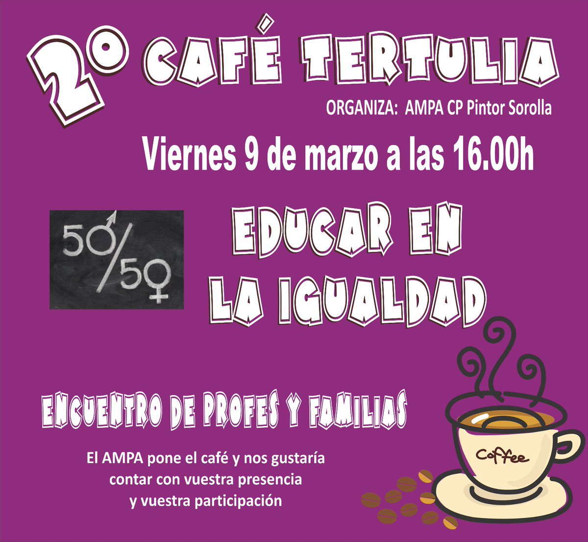 PintorSorolla's tweet photo. No te pierdas el segundo café tertulia organizado por nuestro @AmpaSorolla este viernes https://t.co/GX1iZLIXJx