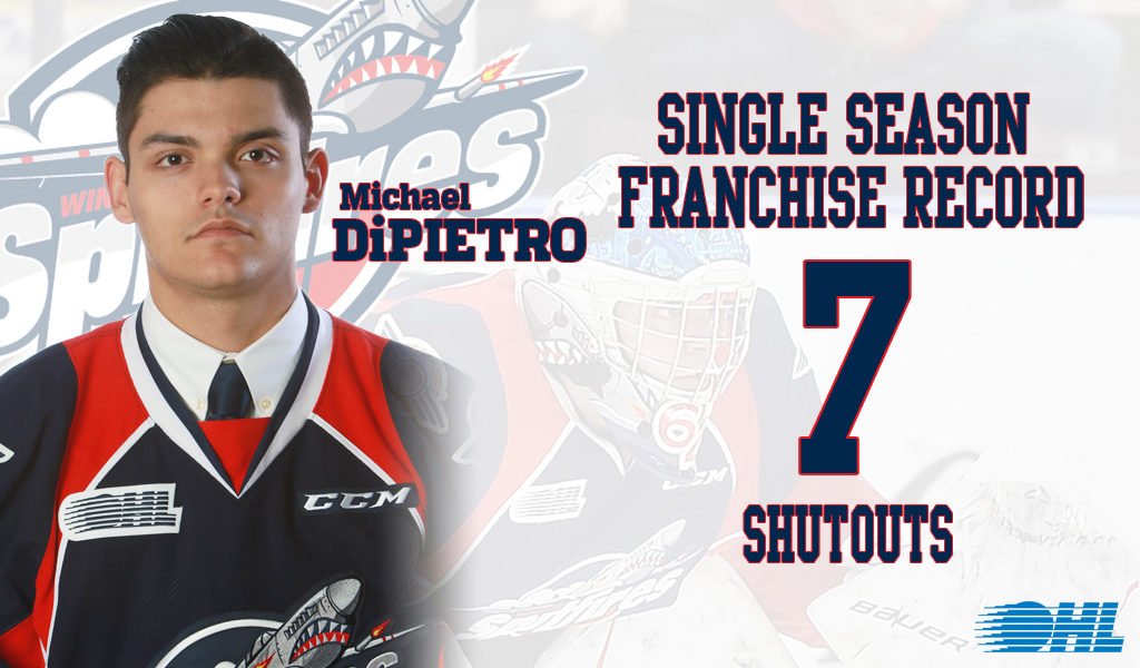 OHLHockey's tweet photo. Another shutout and record for @miketendy.

@Canucks prospect breaks @SpitsHockey single season mark for the second straight year.

DETAILS: https://t.co/Hz0Gryx34U https://t.co/VfDB93YARQ