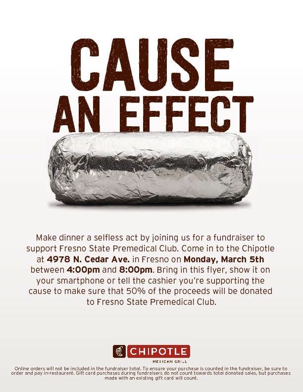 Today we will be having a fundraiser @ Chipotle from 4-8pm. Bring in this flyer or tell the cashier you’re supporting us. 50% of the proceeds will be donated to our club. This will help us with our annual Pre-Health Conference! Thanks for your time and hope to see you! #FSPC1718