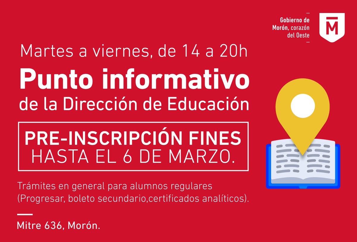 ¡Terminá el secundario en #Morón! Te recordamos que hasta mañana, martes 6, tenés tiempo para inscribirte al Plan FiNes. Para más información, llamá al 4483-0840.