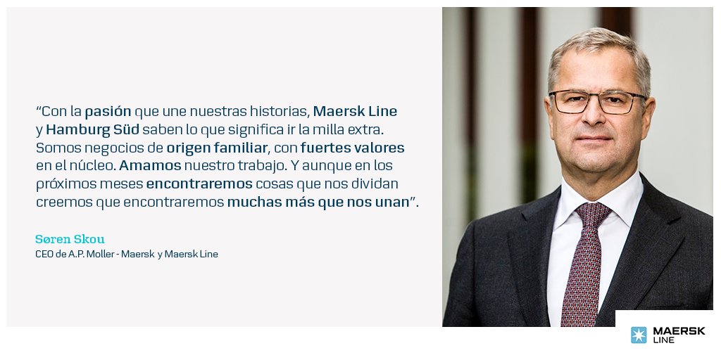 MaerskLatam's tweet photo. Palabras de nuestro CEO, Søren Skou, sobre el impacto que significa la integración de #MaerskLine y #HamburgSüd en la misión de construir posiciones globales para ambas empresas #shipping #sorenskou https://t.co/RxcGUkWB4r https://t.co/VE2HH9w97P