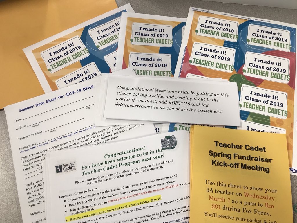 MrsJacksonDFHS's tweet photo. Getting Congrats packets ready for Teacher Cadet Letter Day tomorrow! Excitement is building! #pridein5 #TheyCherishWhatYouCelebrate #DFTC19 https://t.co/Rsh85k80sr