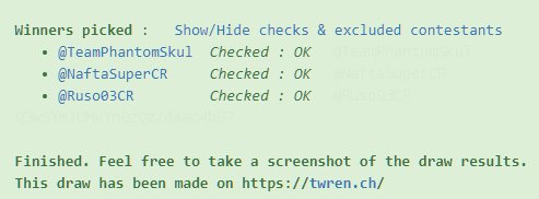 #GIVEAWAY#GANADORES

Aqui estan! Estos son! los ganadores de mi sorteo 700 seguidores.

1-@TeamPhantomSkul 
2-<a href="/NaftaSuperCR/">NaftaSuper Team</a> 
3-@Ruso03CR