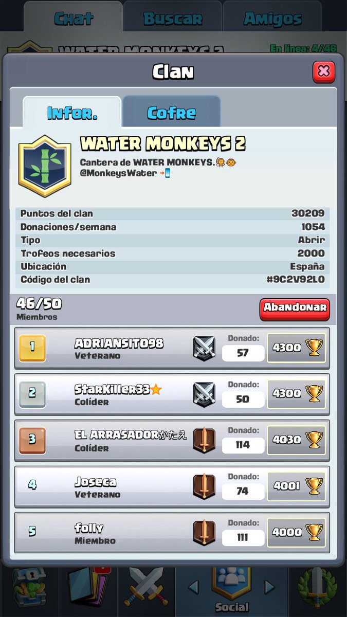 MonkeysWater's tweet photo. Aqui tenemos a nuestra cantera que ya empieza a llenarse. Si tenes menos de 4000 copas y quieres un buen clan ,cofre 10/10 no esperes más https://t.co/pWKs7CWLhh